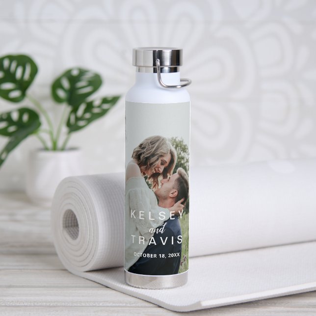 Modern Simple Newlywed Wedding Photo Water Bottle (Yoga)