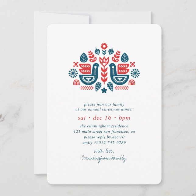 Modern Simple Nordic Folk Art Christmas Dinner Inv Invitation (Front)