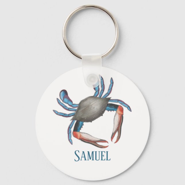 Modern Simple Ocean Blue Crab Nautical Coastal Key Ring (Front)