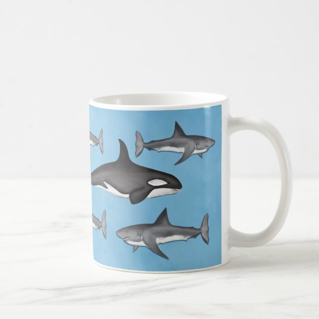 Modern Simple Ocean Orcas and Sharks Cute Coffee Mug (Right)