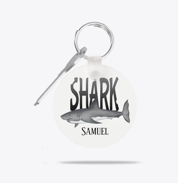 Modern Simple Ocean Shark Bite Typography  Key Ring (Modern ocean shark bite typography keychain with fun coastal beach style design.)