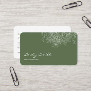 Modern Simple Olive Green Flower Line Art QRCode Business Card