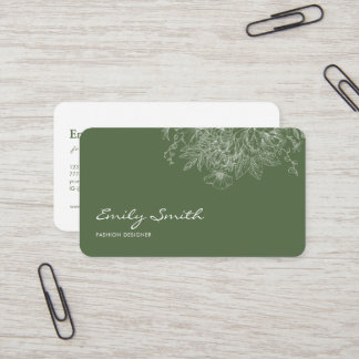 Modern Simple Olive Green Flower Line Art QRCode  Business Card