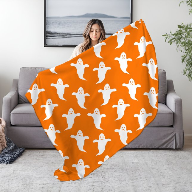 Modern Simple Orange and White Ghosts Halloween Fleece Blanket (Creator Uploaded)