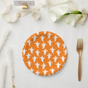 Modern Simple Orange and White Ghosts Halloween Paper Plate