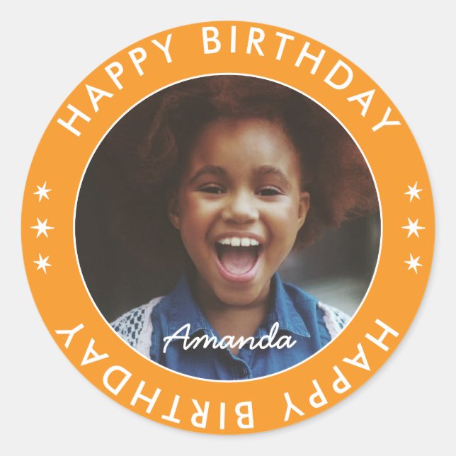 Modern Simple Orange Kids Happy Birthday Photo Classic Round Sticker (Front)