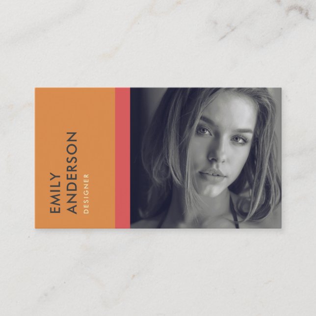 MODERN SIMPLE ORANGE RED PERSONAL PHOTO IDENTITY BUSINESS CARD (Front)