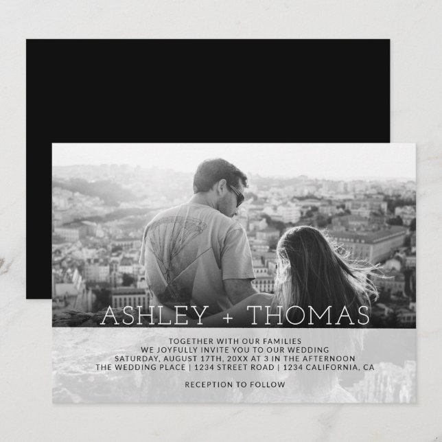 Modern simple overlay monogram photo wedding invitation (Front/Back)