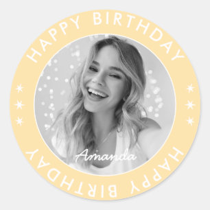 Modern Simple Pastel Yellow Happy Birthday Photo Classic Round Sticker