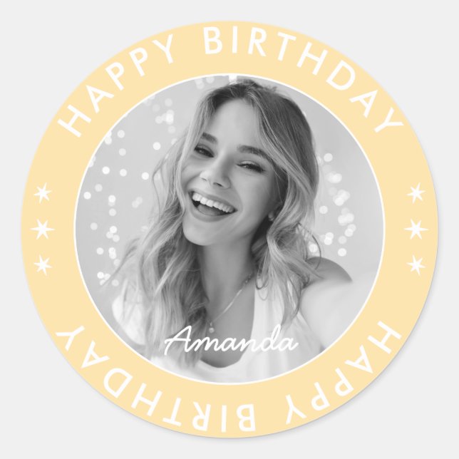Modern Simple Pastel Yellow Happy Birthday Photo Classic Round Sticker (Front)