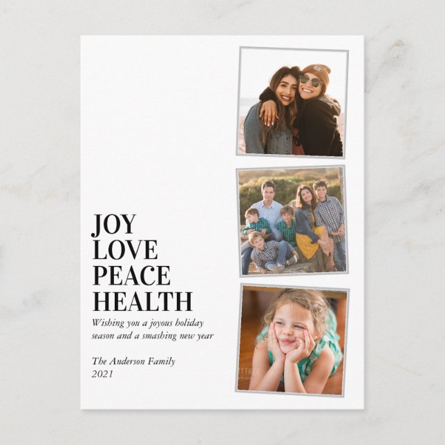 Modern Simple Peace Love Health 3 Photo New Year Holiday Postcard (Front)
