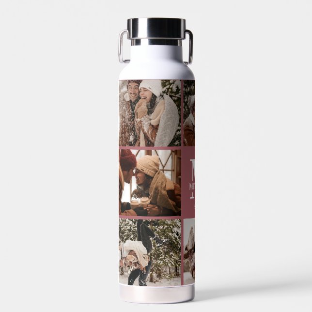 Modern Simple Personalised Monogram  Photo Collage Water Bottle (Front)