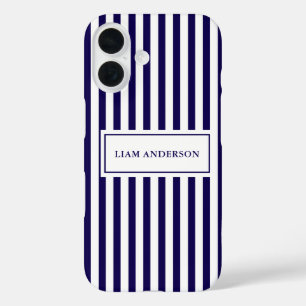 Modern Simple Personalised Navy Vertical Striped iPhone 16 Case