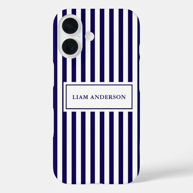 Modern Simple Personalised Navy Vertical Striped Case-Mate iPhone Case (Back)