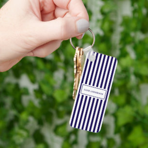 Modern Simple Personalised Navy Vertical Striped Key Ring