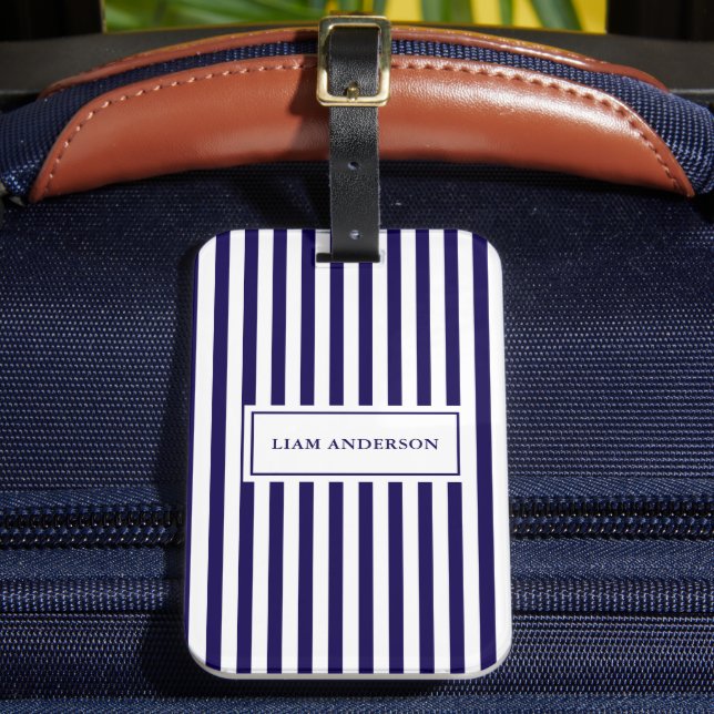 Modern Simple Personalised Navy Vertical Striped Luggage Tag (Front Insitu 2)