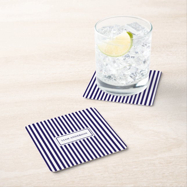 Modern Simple Personalised Navy Vertical Striped Square Paper Coaster (Insitu)