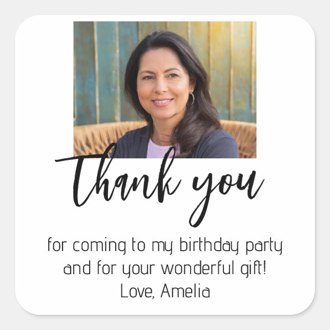 Modern Simple Photo Birthday Thank you Square Sticker (Front)