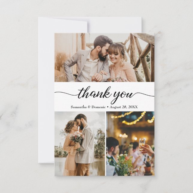 Modern Simple Photo Collage Script Wedding Thank You Card (Front)