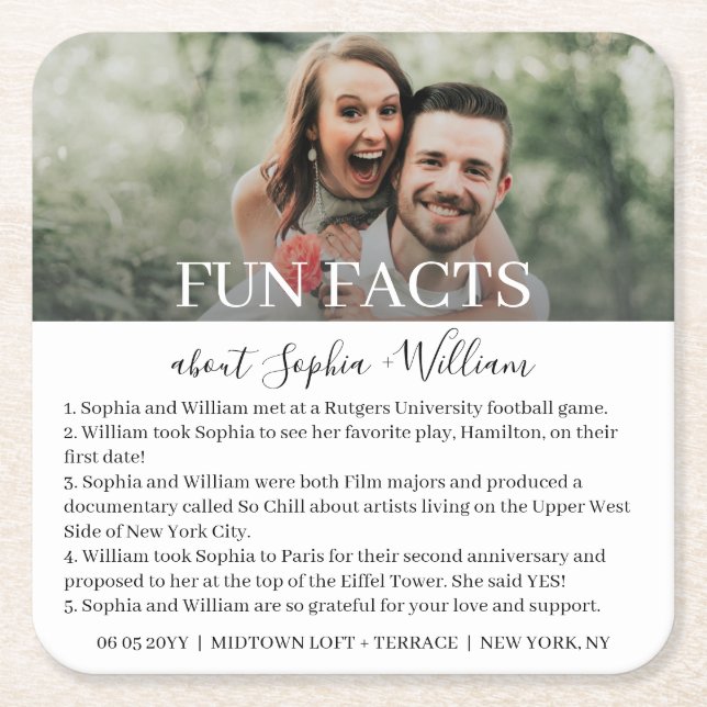 Modern Simple Photo Fun Facts Wedding Square Paper Square Paper Coaster (Front)