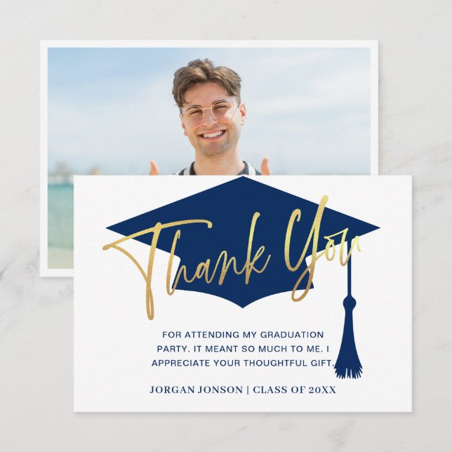 Modern Simple PHOTO Golden Navy Graduation  Thank You Card (Front/Back)