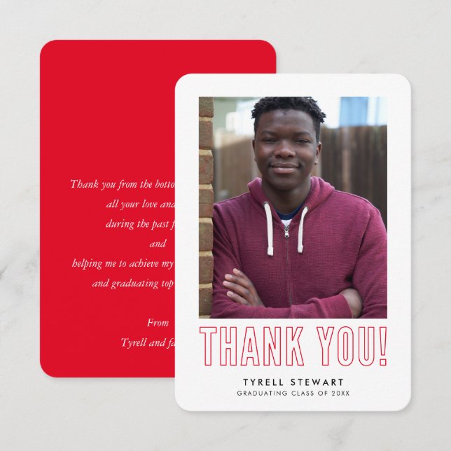 modern simple photo GRAD THANK YOU bold red (Front/Back)