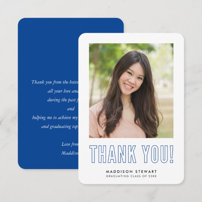 modern simple photo GRAD THANK YOU royal blue (Front/Back)