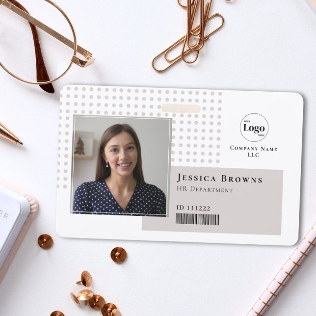 Modern Simple Photo Logo QR Barcode Beige White ID Badge (Creator Uploaded)