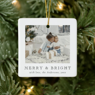 Modern Simple Photo Merry and Bright Christmas Ceramic Ornament