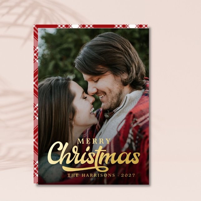 Modern Simple Photo Merry Christmas Tartan Foil Holiday Card (Creator Uploaded)