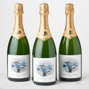Modern SImple Photo Our First Christmas Engaged Sparkling Wine Label