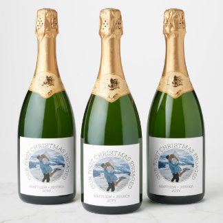 Modern SImple Photo Our First Christmas Engaged Sparkling Wine Label