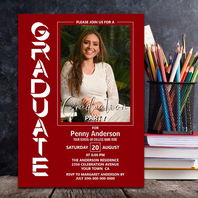Modern Simple Photo Red Graduation Party Invitation (Creator Uploaded)