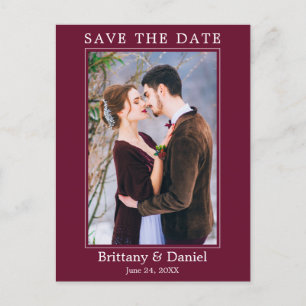 Modern Simple Photo Save The Date Burgundy Postcard