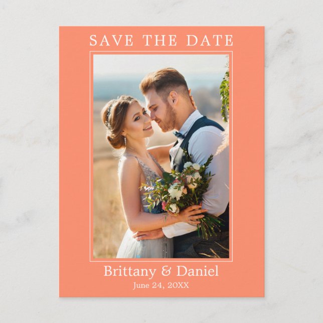 Modern Simple Photo Save The Date Coral Postcard (Front)