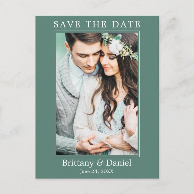 Modern Simple Photo Save The Date Eucalyptus Green Postcard (Front)