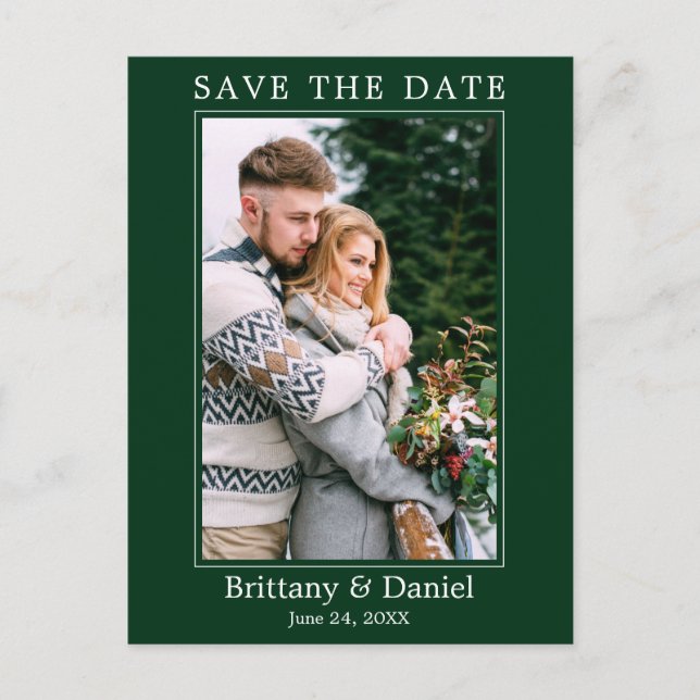 Modern Simple Photo Save The Date Green Postcard (Front)