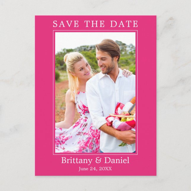Modern Simple Photo Save The Date Hot Pink Postcard (Front)