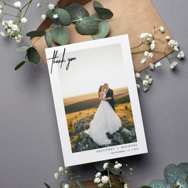 Modern Simple Photo Thank You Card (Modern elegant wedding thank you card with a wedding photo on the front and simple hand written font)