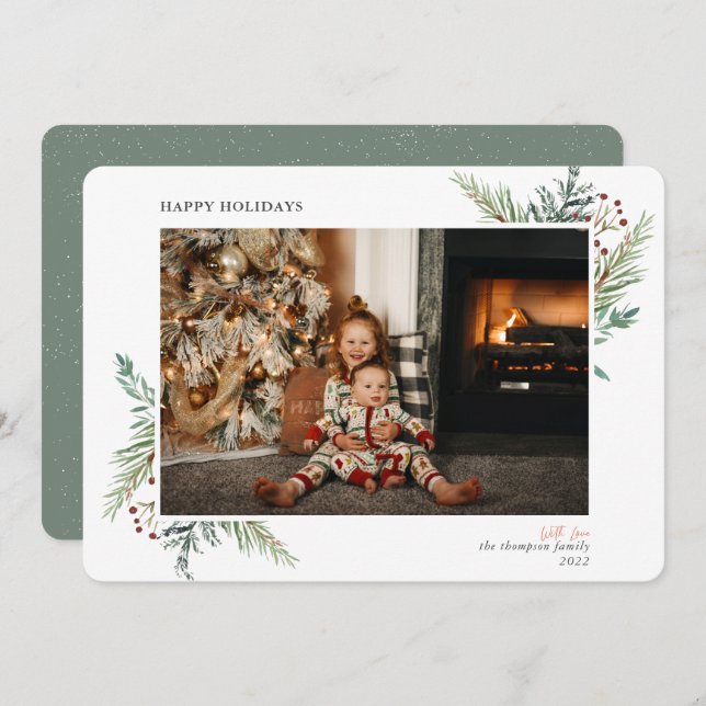 Modern Simple Pine Greens Green Photo Holiday Card (Front/Back)
