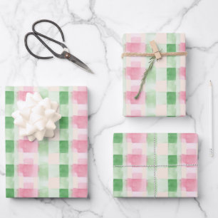 Modern Simple Pink and Green Watercolor Plaid Wrapping Paper Sheet