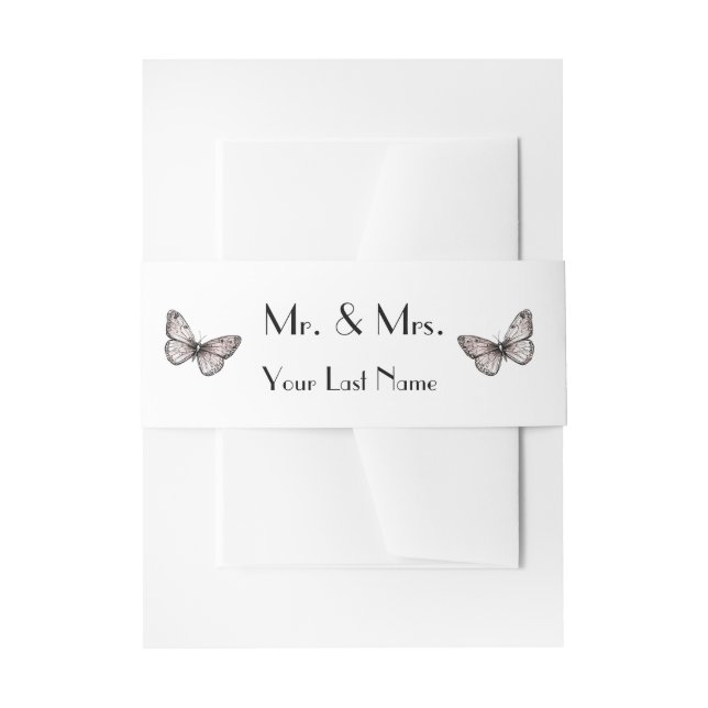 Modern Simple Pink Butterflies  Mr + Mrs  Invitation Belly Band (Front Example)