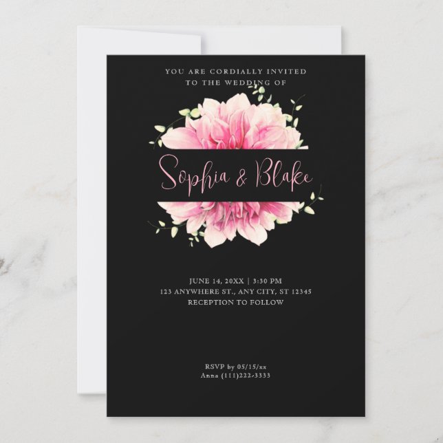 Modern Simple Pink Floral Framed Black Wedding Invitation (Front)