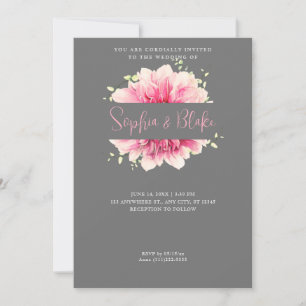 Modern Simple Pink Floral Framed Grey Wedding Invitation