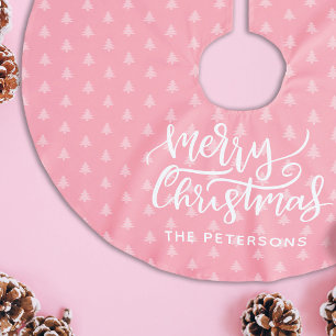 Modern Simple Pink Merry Christmas Name Brushed Polyester Tree Skirt