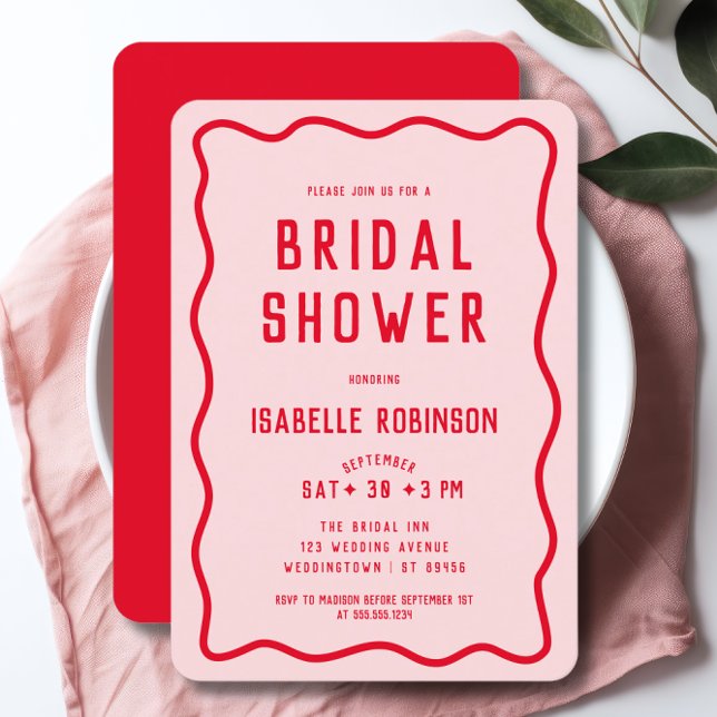 Modern Simple Pink Red Squiggle Wavy Bridal Shower Invitation (Creator Uploaded)