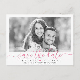 Modern simple pink script photo save the date postcard