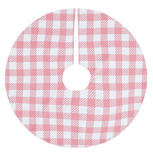 Modern Simple Pink White Gingham Check Brushed Polyester Tree Skirt (Front)