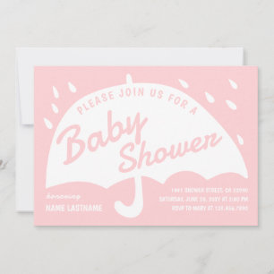 Modern Simple Pink White Umbrella Rain Baby Shower Invitation
