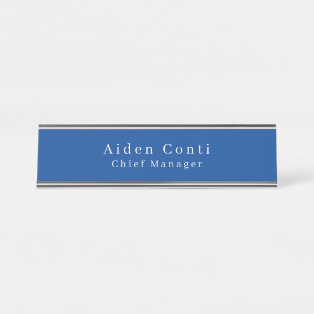 Modern Simple Plain Deep Blue Minimalist Desk Name Plate (Front)